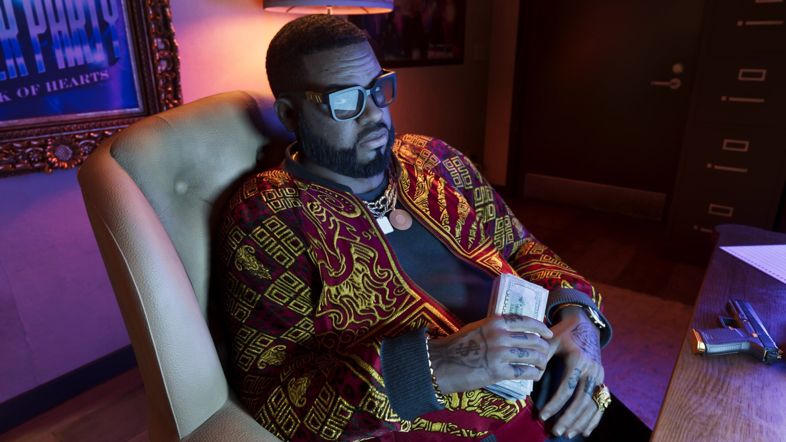 Boobie Ike flanked by dancers in a club in Grand Theft Auto 6